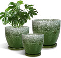 Ceramic Planters 3 Pack - 10 Inch 8 Inch 6 Inch Plant Pots for Indoor Outdoor, Round Decorative Flower Pots with Drainage Holes and Saucers, Garden Home Decor, Gift for Women Men, Green