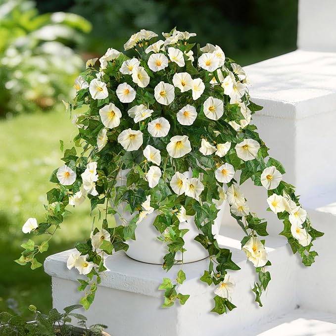 Homsunny Artificial Fake Flowers Plants for Outdoor Decoration, 2PCS Faux Petunias Silk Flower UV Resistant No Fade for Home Outside Garden Balcony Yard Porch Realistic Indoor Decor (White)