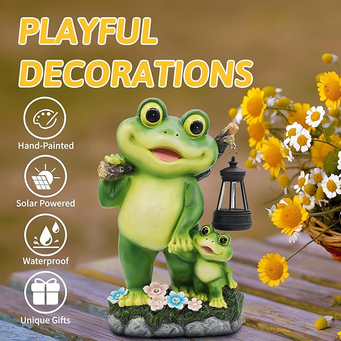 Outdoor Frog Garden Decor: 10'' Yard Decoration with LED Lantern Funny Solar Parent-Child Frog Statue Gifts for Women Gardener Housewarming Gift