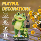 Outdoor Frog Garden Decor: 10'' Yard Decoration with LED Lantern Funny Solar Parent-Child Frog Statue Gifts for Women Gardener Housewarming Gift