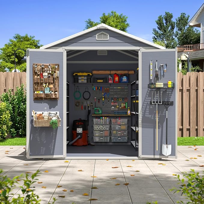 Aoxun 6x8 FT Outdoor Storage Shed, Garden Resin Shed with Floor and Window for Patio, Lawn, Plastic Outdoor Storage with Lockable Door for Bike, Tools, Garbage Can, Grey