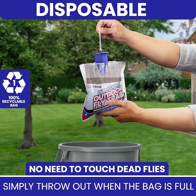 Fly Traps Outdoor Fly Trap for Patio. 4 Non-Toxic Pre-Baited Flies Bags Outdoor Disposable. Hanging Bug Catchers for All Filth Flies Killer for Outside Bug Control in Yard Horse Ranch Trash Can.