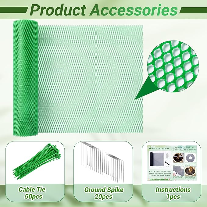 Plant Pot Grid Set, 15.7" W x 118" L Indoor Plant Protector from Cats, Cuttable Pot Soil Cover Protector from Animals with Stakes & Zip Ties for Garden Balcony, Fits Different Pot Sizes(Green)