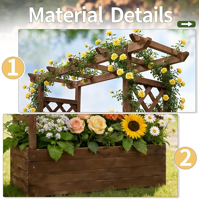 VINGLI 45 in Raised Garden Bed with Trellis & Hanging Roof, Wooden Elevated Planter Box with Drainage Holes for Outdoor Climbing Plants Vegetables Flowers, Patio Yard Balcony (Carbonized Wood, Medium)