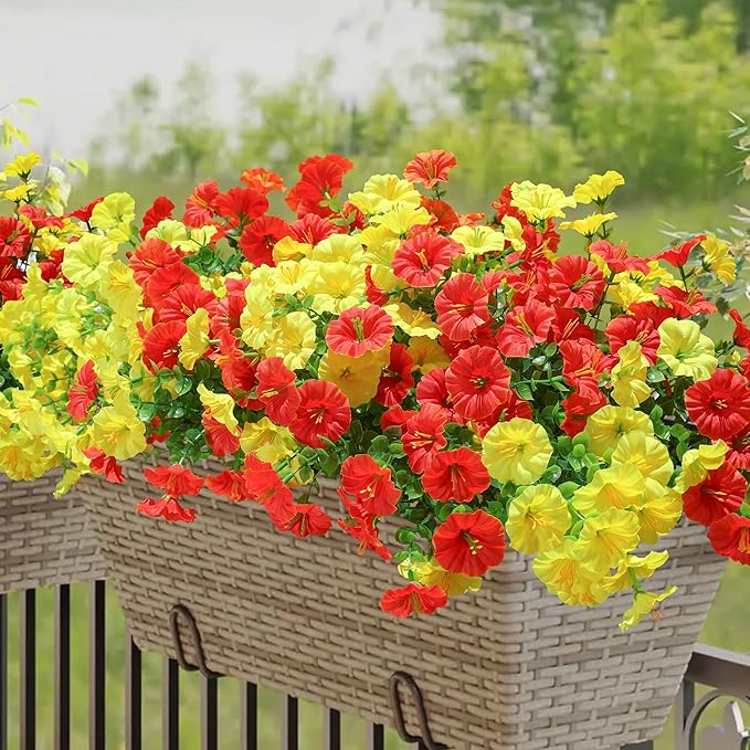 HyeFlora Artificial Flowers for Outdoors Fake Plants Outside Decoration, 12 Bundles Silk Colorful Morning Glory with Eucalyptus UV Resistant Realistic Faux Flowers for Planter Porch Patio Yard Garden