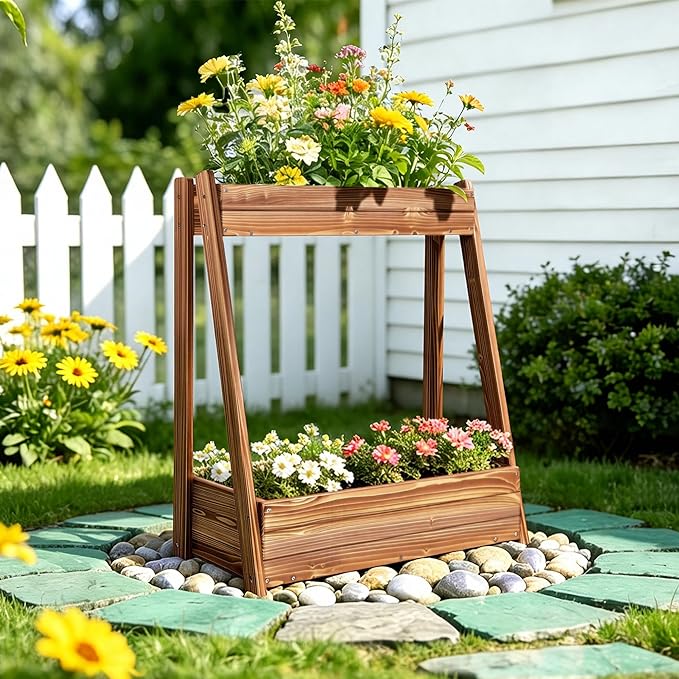2-Tier Elevated Raised Garden Bed, 36" H Fir Wood Planter Box with 23" Growth Space for Tall/Climbing Plants, Drainage Holes & Non-Woven Liner, Outdoor Garden Planter for Patio Balcony Backyard
