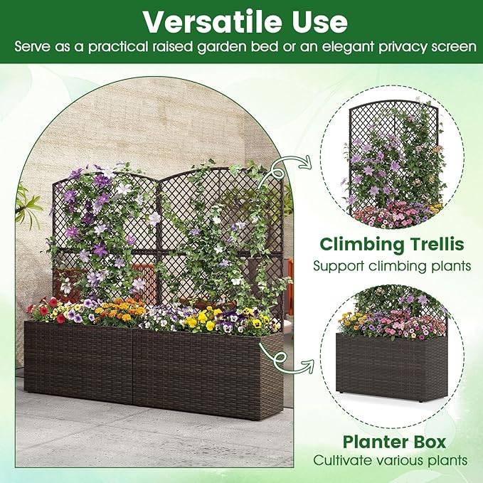 HAPPYGRILL Raised Garden Bed with Trellis, 49" Wicker Planter Box w/Privacy Screen, Liner, Drainage for Patio Balcony, Outdoor PE Rattan Elevated Garden Bed for Climbing Plant Vine Flower (Brown,2)