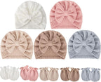 BQUBO Baby Turban Hats and Mittens Set Newborn Infant Hospital Hats Caps with Bows for Baby Boys Girls 0-12 Months