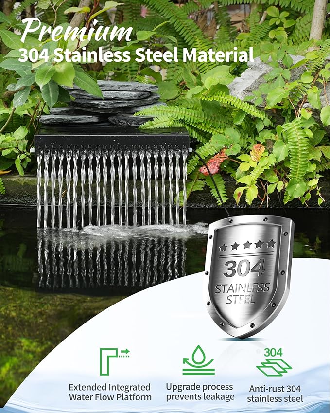 POPOSOAP Pond Waterfall Spillway 8Inch with RGB LED Lights & APP/Remote Control, 660GPH 40W Pond Spillway with 304 Stainless Steel & 9.8FT Tube for Ponds Garden Landscape Water Features-P43DS