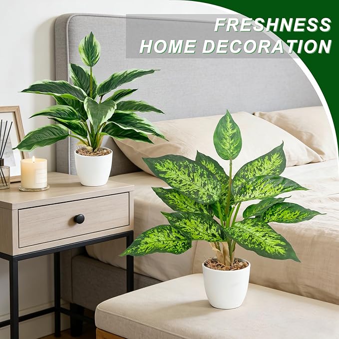 2 Pack Artificial Potted Plants, 16" Fake Plants Indoor in White Pots for Home Bathroom, Office Desk, Shelf - Realistic Faux Greenery Desk Plants for Living Room, Kitchen, Farmhouse Decor