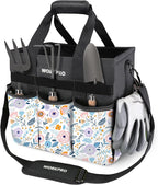WORKPRO Garden Tool Bag, Heavy-Duty Gardening Tote Bag with 10 Pockets, Stand-Up Wide Mouth Tool Organizer, Adjustable Shoulder Strap, Large Capacity Storage – Floral White (Tools are not Included)