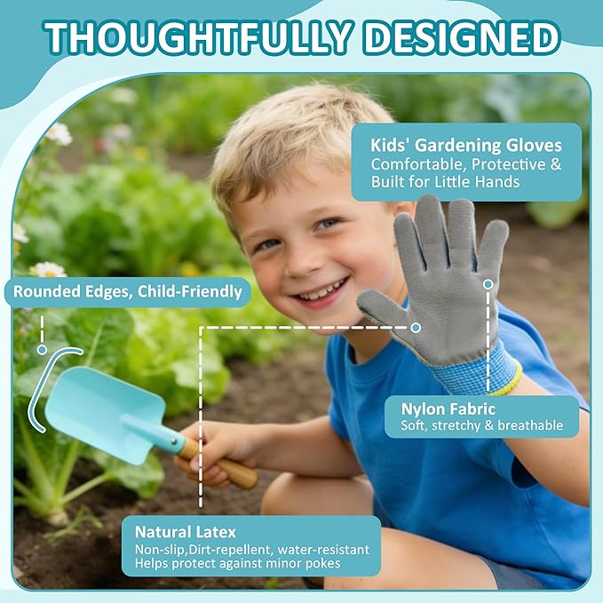 Cossy Kids Gardening Set, 13PCS Garden Tool Kit for Kids and Toddlers Boys Girls, Includes Tote Bag, Watering Can, Shovels, Rake, Kids Gardening Gloves, Apron and More, Blue