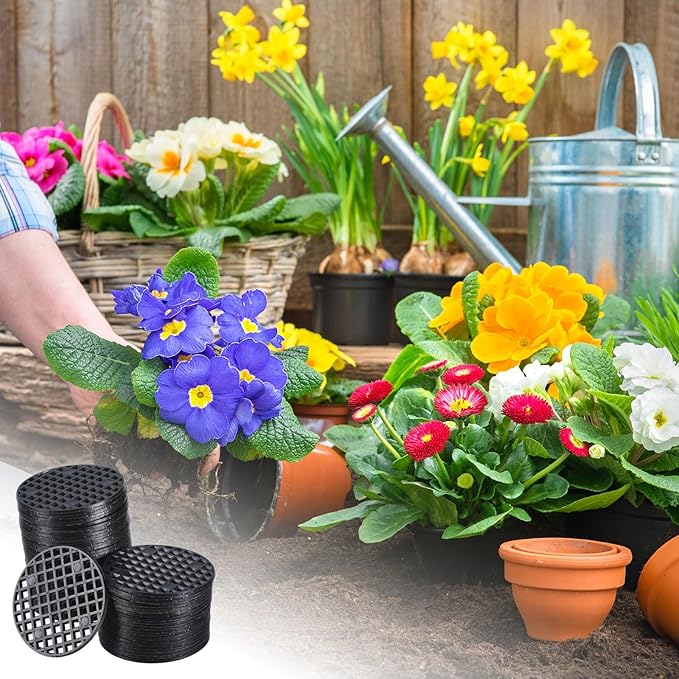 PATIKIL Flower Pot Hole Mesh Pad, 60Pcs 1.8 Inch/4.5cm Round Rigid Bonsai Drainage Mesh Grid Screen Bottom Grid Mat for Garden, Black