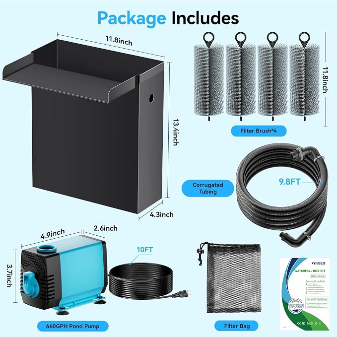 POPOSOAP Pond Waterfall Spillway with Pump Kit, 13.4" H x 12" W Stainless Steel Pond Waterfall Box with Pond Pump, Filtration, 10FT Corrugated Tubing for Outdoor Garden Pond Spillway & Pool