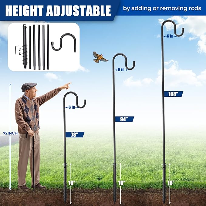 Bird Feeder Pole, 108" Shepherds Hooks for Outdoor with Anchor Base for Hanging Plants, 4/5 Inch Diameter Metal Shepherd Hook Hanger Stick for Hanging Bird Feeders, Wind Chimes
