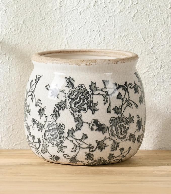 DREAMLOOM Vintage Ceramic Planter for Indoor Plants,6.1" Ice Crack Cottage Scroll Vase Tuscan Decor Flower Pots with Drainage Holes Home Kitchen Farmhouse Antique Decorative Gift (Grey-Round)