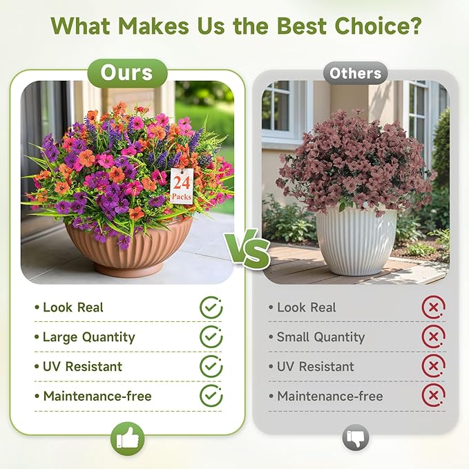 Alupssuc 24 Bundles Artificial Flowers for Outdoors Spring Summer Decoration, UV Resistant Eucalyptus Violet and Lavender Silk Fake Plants for Outside Indoor Yard Home Patio Decor, Orange Rose Purple