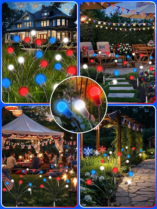 Upgraded 8 Pack Red White and Blue Solar Firefly Lights, 4th of July Solar Lights Patriotic Garden Lights Waterproof for 250th Anniversary National Day, Independence Day, Yard, Patio, Lawn Decorations