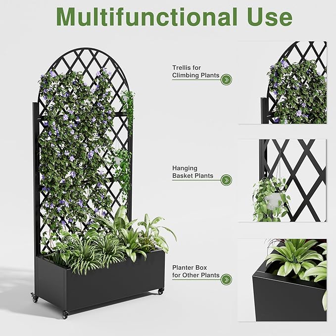 Casaphoria Metal Raised Garden Bed with Trellis and Wheels, 72"x35"x16" Planter Box for Climbing Plants, Vegetables & Vines, Features Drainage Holes and Privacy Screen (Black-Rhombus)