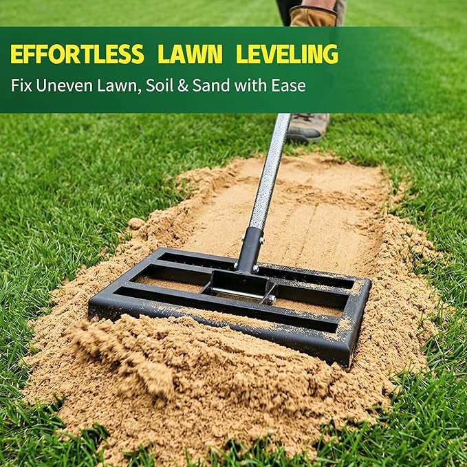 Lawn Leveling Rake 17x10 Inch, 6FT Heavy-Duty Carbon Steel Lawn Leveler – Yard Leveling Rake for Soil, Sand, Grass, Perfect for Lawn Repair, Pit Filling & Garden Maintenance