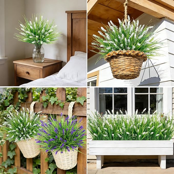 Roberly 24 Bundles Artificial Plants Outdoor, Fake Lavender Flowers UV Resistant Faux Shrubs Plastic Flowers Fake Greenery Plants for Porch Garden Window Box Home Indoor Outdoor Decorations, White