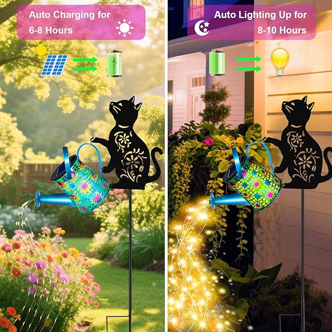 Black Cat Solar Watering_Can Lights, Birthday Gifts for Women Mom Christmas Mother's Day, Yard Decorations Outdoor Waterproof, Blue Metal Hanging Lantern, Solar Lights Garden Decor Patio Pathway