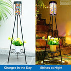 Outdoor Lamps for Patio 2 Pack, Outdoor Floor Lamp with Plant Stand, Solar Powered RGB Outdoor Lights, Waterproof Standing Lamp for Garden Yard Décor, Stained Glass Decorative Lamp, Gift for Women Mom