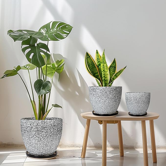 Ceramic Pots for Plants - 10+8+6 Inch Round Flower Pots with Drainage Holes and Saucers, Decorative Planters for Indoor Outdoor, Porch Decor, Housewarming Gifts, Set of 3, White-Black