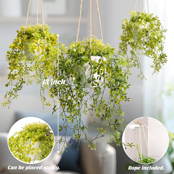 3 Packs Fake Hanging Plants with White Pots, 13" Artificial Hanging Plants for Wall Decor, Fake Plants Mandala Vine Indoor/Outdoor for Home Bathroom Bedroom Kitchen Office Room Decor