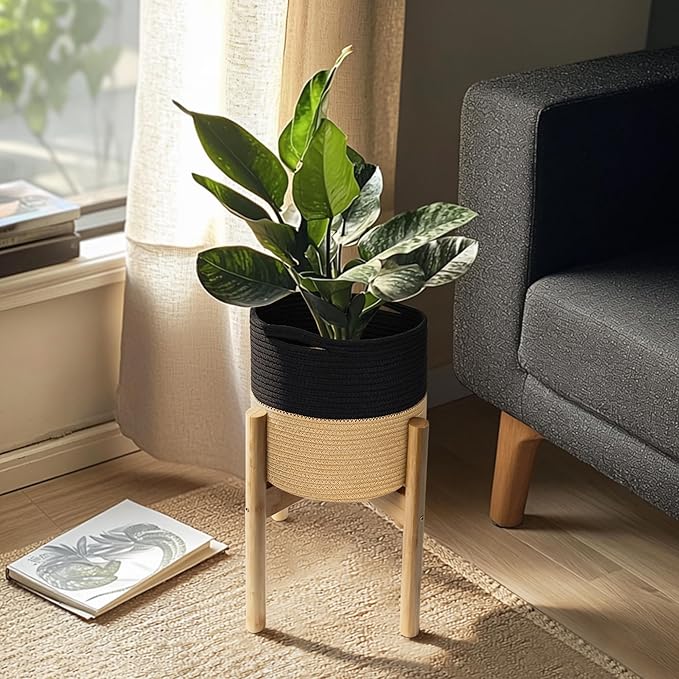 Plant Basket with Stand, Indoor Round Wicker Basket Plant with Bamboo Wood Stand, Decorative Black Woven Cotton Rope Flower Indoor Planter with Legs, Boho Bamboo Wood Planter Holder