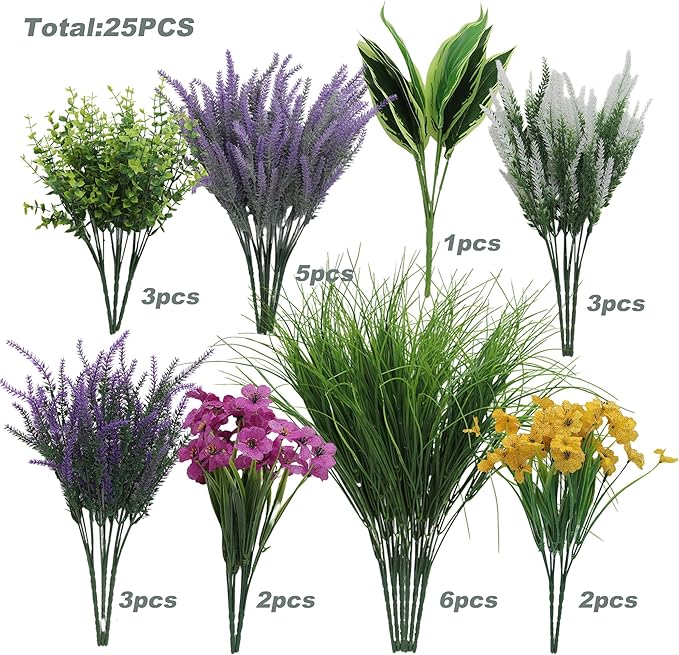 Green Moon 25 Bundles Fake Plants Outdoor with Artificial Lavender Flower UV Resistant Faux Greenery Plants for Home Planter Garden Patio Front Porch Yard Decor