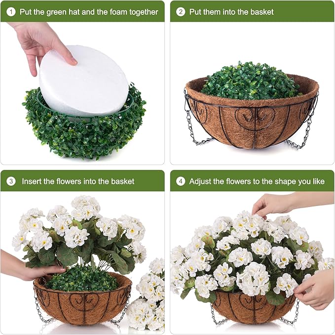INSPRING Geraniums Artificial Flowers Hanging Basket for Outdoors Outside Spring Decoration, 8 Bundles Silk Flowers Fake Plants Look Real UV Resistant for Porch Home Patio Balcony Yard, White