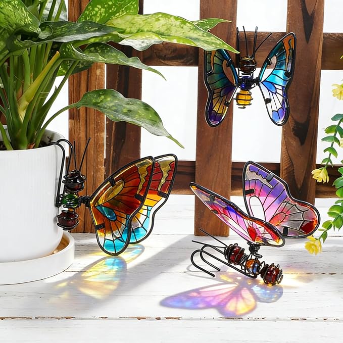 Toddmomy 3Pcs Butterfly Decorations for Plant Pots, Metal and Glass Butterfly Pot Huggers for Garden Decor, Colorful Outdoor Plant Ornaments for Patio & Spring Yard Art, Gift for Women