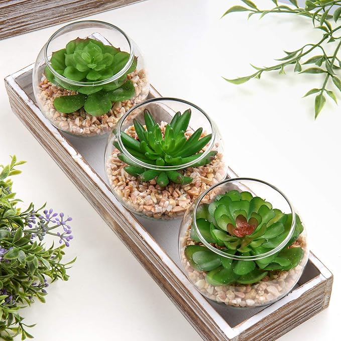 Briful Mini Fake Plants 3 Packs Artificial Succulents Plants in Round Glass Vase Cute Faux Succulents for Bathroom Kitchens Shelf Table Decor