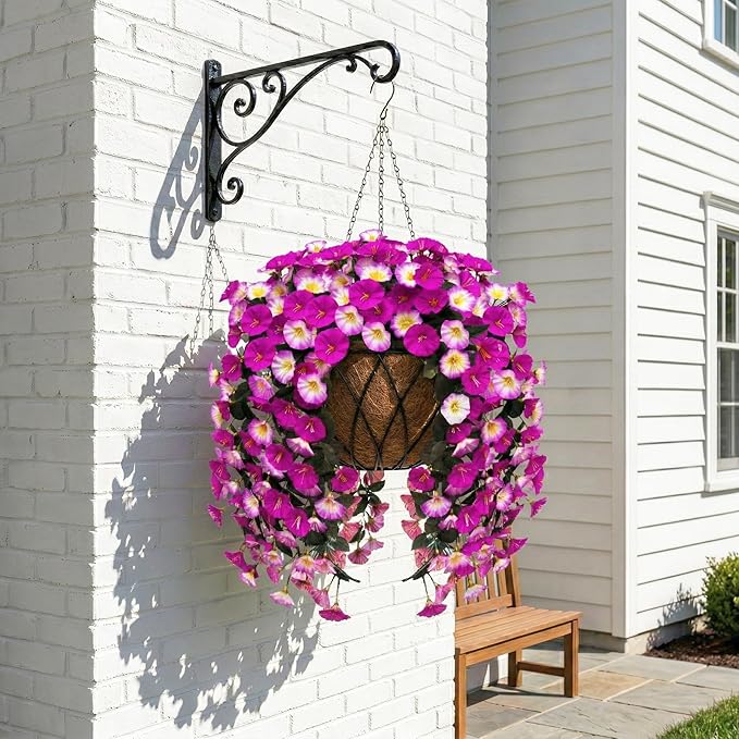 Artificial Flowers for Outdoors Fake Fuchsia Pink Morning Glory Hanging Flower Decoration, 2Pcs Realistic Faux Plants Petunias Long Trailing Vines,Spring Decor for Porch Patio Balcony Planter Yard