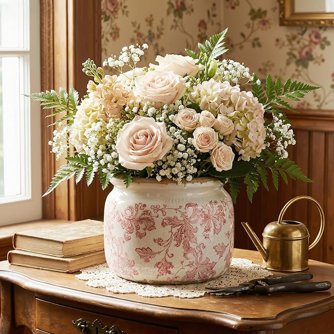 7.7" Large Ceramic Plant Pot Beige Pink Floral Vine Crackle Glaze Rustic Flowers Pot Decorative Planter with Drainage for Indoor Outdoor Plants Home Kitchen Office Decor Gift