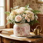 7.7" Large Ceramic Plant Pot Beige Pink Floral Vine Crackle Glaze Rustic Flowers Pot Decorative Planter with Drainage for Indoor Outdoor Plants Home Kitchen Office Decor Gift