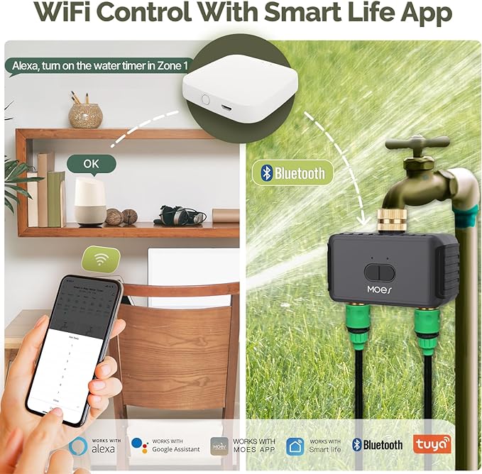 MOES WiFi Sprinkler Timer 2 Zone with Brass Inlet & Outlet, Water Timer for Garden Hose Faucet, Programmable Watering Irrigation 2 Outlet, Smart Watering System for Lawns and Yard Work with hub