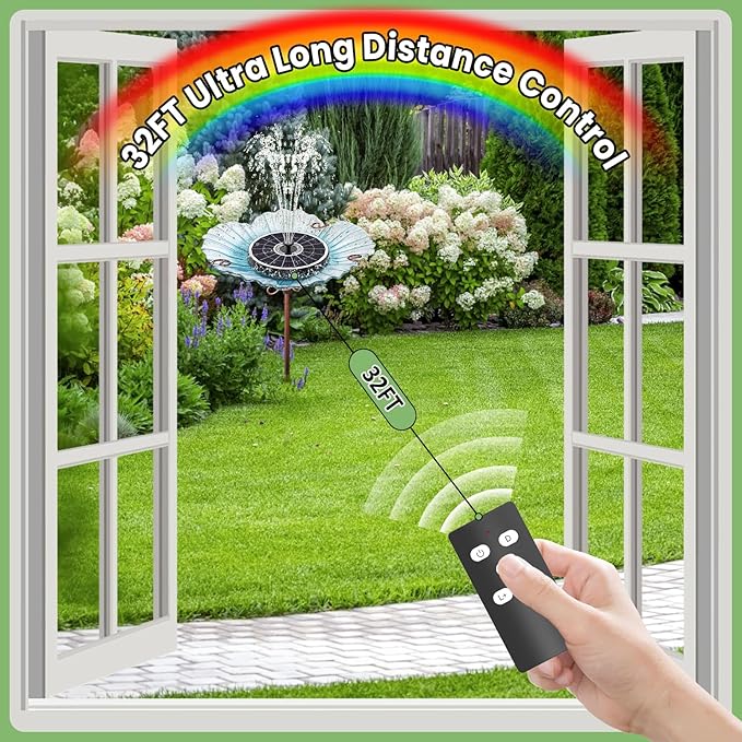 Yzert 2026 Remote Solar Powered Fountain, 6W Glass Bird Bath Fountain with 4000mAh Battery, 7 Nozzles, 4 Fixers & 8 Colorful LEDs, Adjustable Water Height for Outdoor Garden Pond Pool