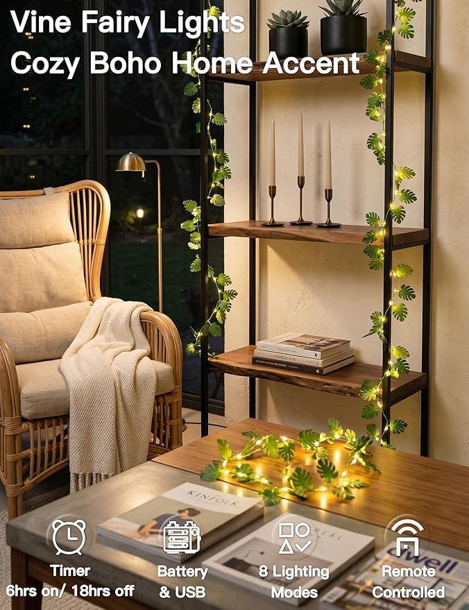 suddus Vines with Fairy Lights Battery & USB Powered Operated, 33ft 100 LED Monstera Leaves String Lights with Remote, Artificial Plants for Indoor, Bedroom, Wall, Party Tropical Decor(Warm White)