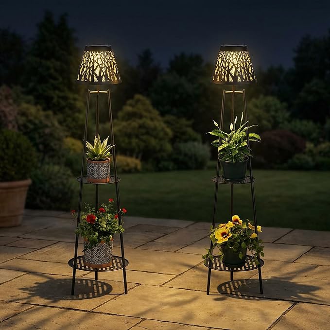 2 Pack Solar Floor Lamps Outdoor with 2-Tier Plant Stand, Metal Tall Planter Holder with Waterproof LED Lantern, Decorative Patio Light & Flower Pot Display Rack for Garden, Deck, Porch, Balcony
