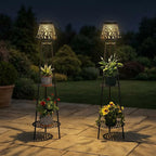 2 Pack Solar Floor Lamps Outdoor with 2-Tier Plant Stand, Metal Tall Planter Holder with Waterproof LED Lantern, Decorative Patio Light & Flower Pot Display Rack for Garden, Deck, Porch, Balcony