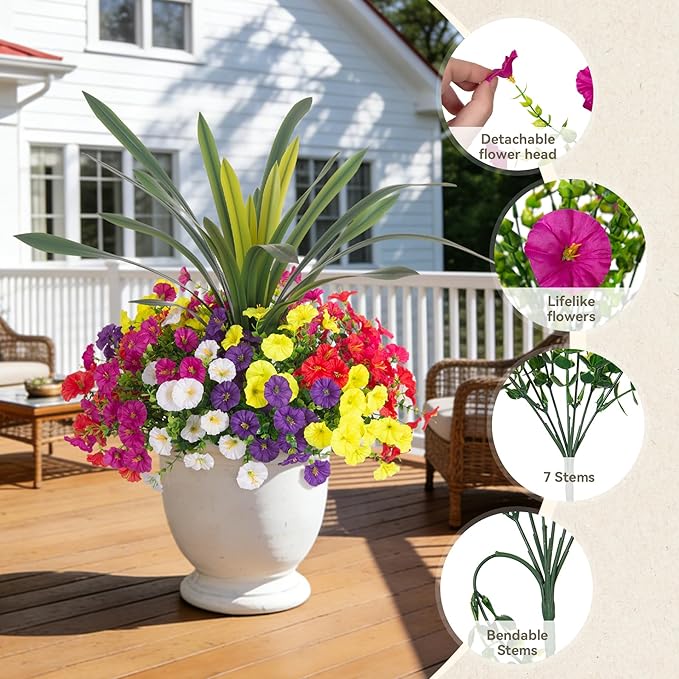 INXUGAO Artificial Flowers for Spring Outdoors Fake Plants Outside, 13 Bundles Silk Morning Glory with Eucalyptus UV Resistant Realistic Faux Flowers for Porch Planter Garden Patio Decor (Six Mixed)