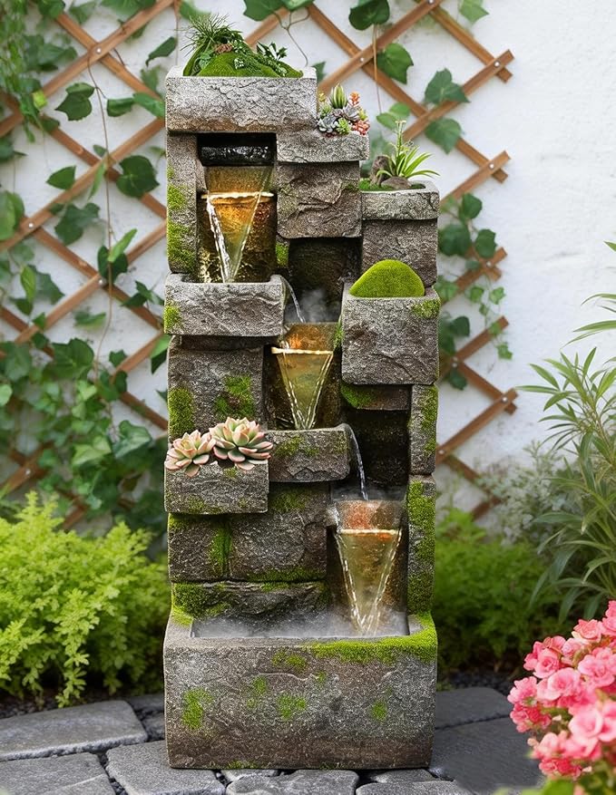 41.7" Outdoor Water Fountains 3 Tier Modern Floor-Standing Fountain with LED Lights and Pump Outdoor Rock Waterfall Fountain for Garden, Yard, Porch, Patio, Home Decor, Yellow