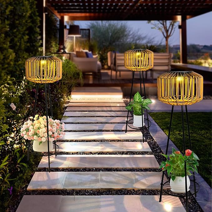 Outdoor Floor Lamp Outdoor Solar Lights Rattan Lamp with Plant Stands Metal Tripod Outdoor Floor Lamps for Patio Yard Deck Porch Walkway Driveway Garden Decor