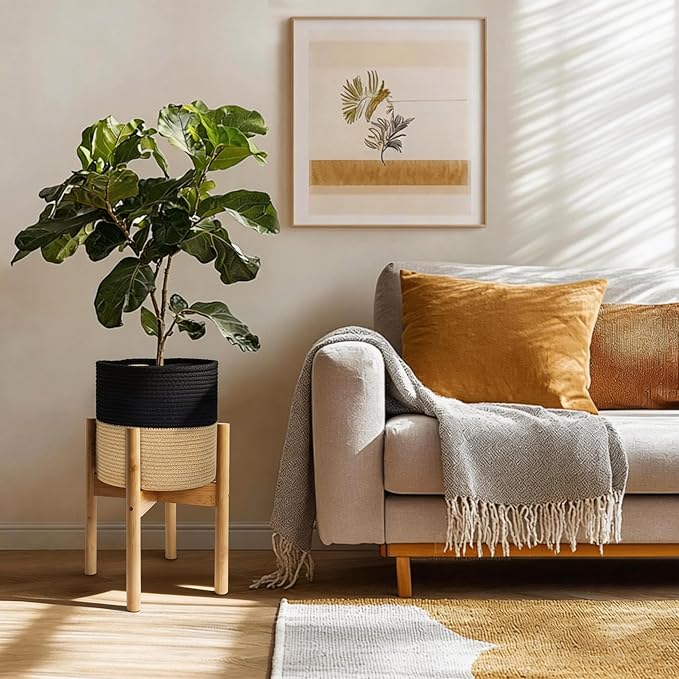 Plant Basket with Stand, Indoor Round Wicker Basket Plant with Bamboo Wood Stand, Decorative Black Woven Cotton Rope Flower Indoor Planter with Legs, Boho Bamboo Wood Planter Holder