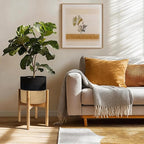 Plant Basket with Stand, Indoor Round Wicker Basket Plant with Bamboo Wood Stand, Decorative Black Woven Cotton Rope Flower Indoor Planter with Legs, Boho Bamboo Wood Planter Holder