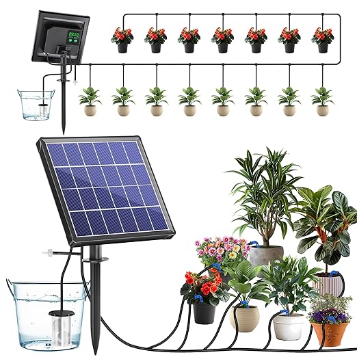 Biling Solar Powered Automatic Drip Irrigation System, 6 Modes Smart Watering Kit with 2200mAh Battery & Low Water Alarm, for 15 Potted Plants in Garden, Greenhouse, Patio