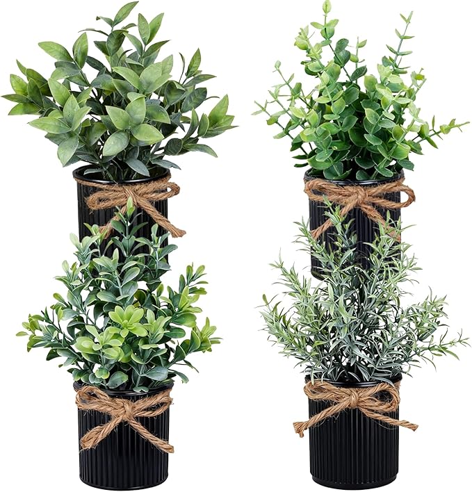 4 Potted Artificial Plants Metal Fake Potted Plant with Iron Pot Mini Greenery Decor Small Faux Plants for Indoor Farmhouse Home Porch Garden Bathroom Room Décor Black