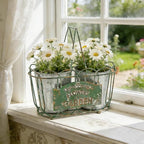 Vintage 2-Piece Metal Planter Set, Distressed Green Iron Wire Basket with Flowers Garden Sign, Rustic Farmhouse Plant Pots for Tabletop, Window Sill & Balcony Decor (Green)